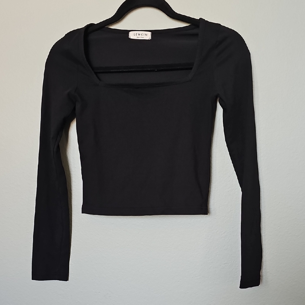 Lewkin Square Neck Stretchy Fitted Long Sleeve Crop Black Women's Top Small